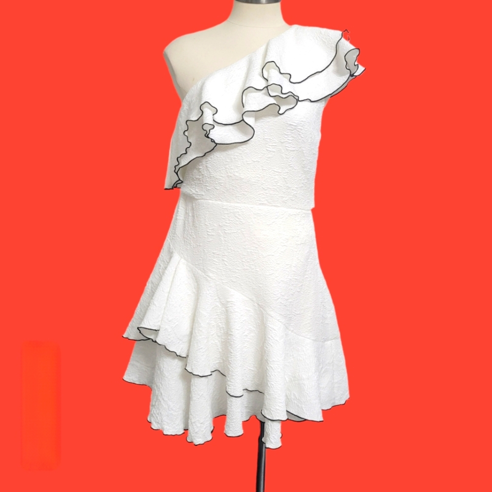Halston Heritage Women's White Ruff Asymmetric One-shoulder Dress Size 4 - Picture 2 of 11